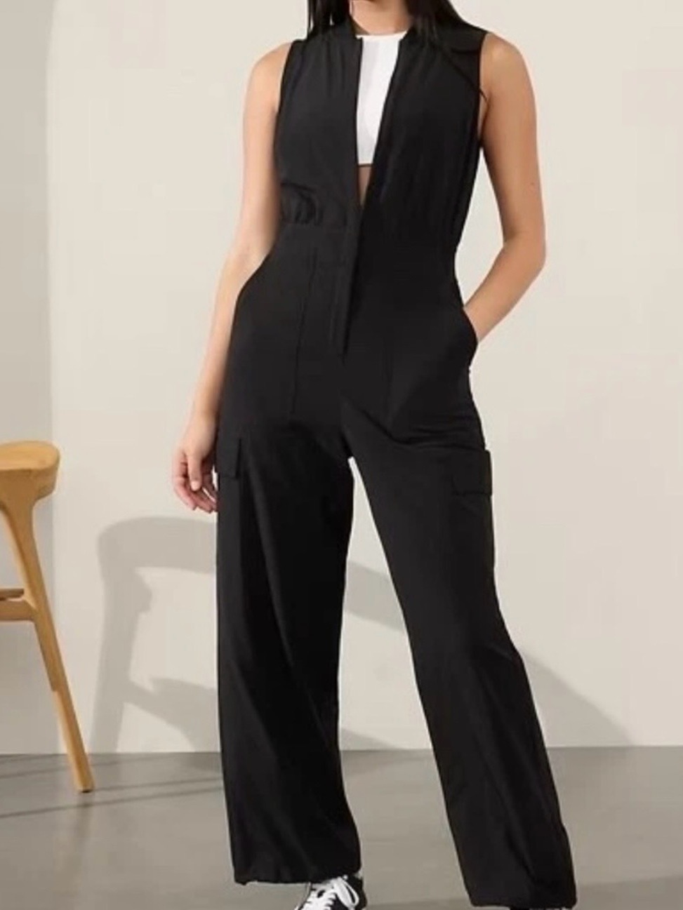 Athleta Brooklyn Utility Black Sleeveless Maxi Jumpsuit With Pockets